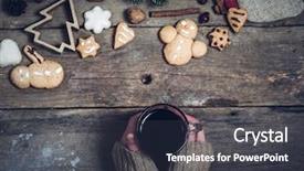  Presentation with vintage christmas - Theme featuring woman's hand on hot drink and vintage christmas decorations on wooden table cozy home background and a dark gray colored foreground