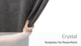  Presentation with curtain - Colorful slide set enhanced with woman-s-hand-open-gray backdrop and a white colored foreground