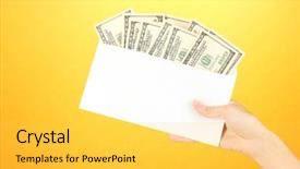  Presentation with salary - Cool new presentation theme with woman's hand passes the envelope with the salary on yellow background backdrop and a yellow colored foreground