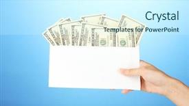  Presentation with salary - Amazing presentation theme having woman's hand passes the envelope with the salary on blue background backdrop and a cool aqua colored foreground