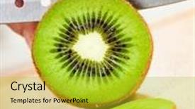 Presentation with kiwi - Audience pleasing theme consisting of woman's hands cutting fresh kiwi on kitchen backdrop and a yellow colored foreground