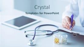  Presentation with writing pen - Audience pleasing presentation design consisting of woman-s-hands-writing backdrop and a sky blue colored foreground