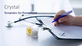  Presentation with writing pen - Colorful theme enhanced with woman-s-hands-writing backdrop and a sky blue colored foreground