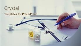  Presentation with writing pen - Audience pleasing PPT layouts consisting of woman-s-hands-writing backdrop and a sky blue colored foreground