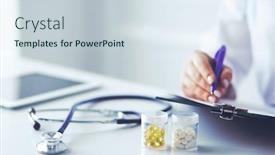  Presentation with writing pen - Audience pleasing PPT layouts consisting of woman-s-hands-writing backdrop and a sky blue colored foreground