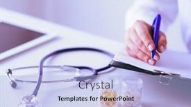  Presentation with writing pen - Audience pleasing PPT layouts consisting of woman-s-hands-writing backdrop and a light blue colored foreground