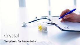  Presentation with writing pen - Slides featuring woman-s-hands-writing background and a sky blue colored foreground