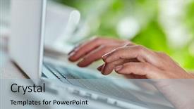  Presentation with home office - PPT layouts with woman's hands on the keyboard of her laptop computer working on laptop at home or office concept shallow dof background and a light blue colored foreground