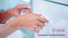  Presentation with pharmacy cream - Presentation design with woman sampling a face cream at the pharmacy background and a sky blue colored foreground