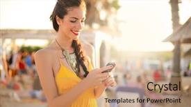  Presentation with text message - Cool new PPT layouts with woman sanding a text message backdrop and a coral colored foreground