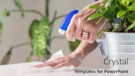  Presentation with fight - Colorful presentation design enhanced with woman-sanitizing-surfaces-indoors backdrop and a coral colored foreground