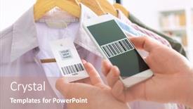  Presentation with scanning - PPT theme with woman-scanning-bar-code background and a coral colored foreground