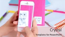  Presentation with scanning - PPT layouts having woman scanning voucher code background and a coral colored foreground