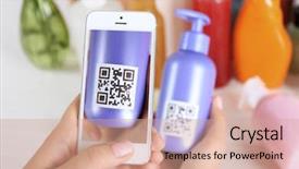  Presentation with coding binary code blue polygonal - Slide set with woman scanning voucher code background and a coral colored foreground