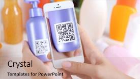  Presentation with scanning - Amazing PPT layouts having woman scanning voucher code backdrop and a coral colored foreground