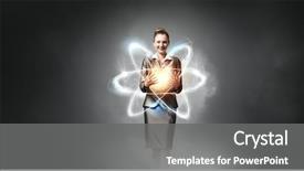  Presentation with atom - Colorful presentation theme enhanced with woman scientist presenting atom research backdrop and a gray colored foreground