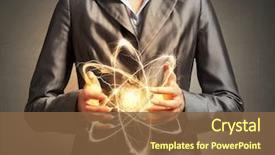  Presentation with atom - Theme enhanced with woman scientist presenting atom research background and a tawny brown colored foreground