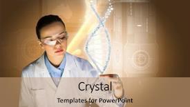  Presentation with dna molecule - PPT theme with hospital code - woman scientist touching dna molecule background and a coral colored foreground