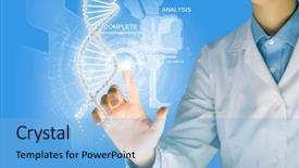  Presentation with dna coding - Slide set having medical coding - woman scientist touching dna molecule background and a light blue colored foreground
