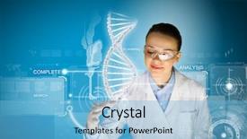  Presentation with dna molecule - Slide set enhanced with woman scientist touching dna molecule background and a light blue colored foreground