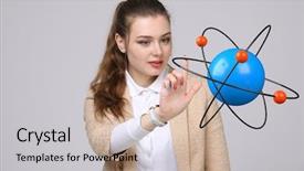  Presentation with atom - Colorful PPT theme enhanced with woman scientist with atom model backdrop and a coral colored foreground