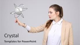  Presentation with atom - Theme enhanced with woman scientist with atom model background and a light gray colored foreground