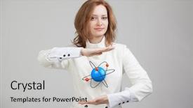  Presentation with atom - Slides consisting of woman scientist with atom model background and a light gray colored foreground