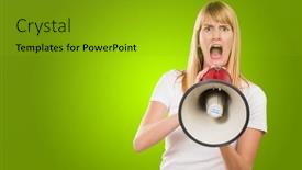  Presentation with green - Cool new presentation design with woman-screaming-through-megaphone-against backdrop and a  colored foreground