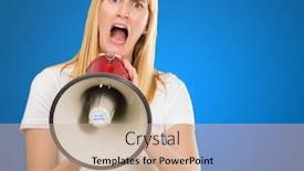  Presentation with blue - Audience pleasing slide deck consisting of woman-screaming-through-megaphone-against backdrop and a  colored foreground