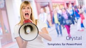  Presentation with street - Amazing PPT theme having woman-screaming-through-megaphone backdrop and a  colored foreground
