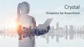 Presentation with city - PPT theme consisting of woman search leadership - businesswoman against modern city background background and a sky blue colored foreground