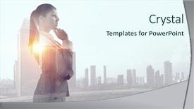  Presentation with city - Cool new PPT theme with woman search leadership - businesswoman against modern city background backdrop and a cool aqua colored foreground