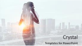  Presentation with city - Presentation design consisting of woman search leadership - businesswoman against modern city background background and a light gray colored foreground