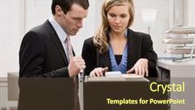  Presentation with file folder - Slide deck enhanced with woman search leadership - co-workers searching through file drawers background and a tawny brown colored foreground