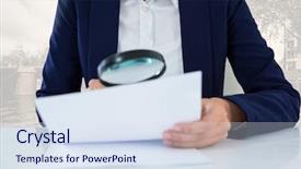  Presentation with blonde holds a magnifying glass - Audience pleasing theme consisting of woman search leadership - holding magnifying glass over papers backdrop and a sky blue colored foreground