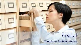  Presentation with study - Slides enhanced with woman searches something in card background and a sky blue colored foreground