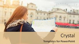  Presentation with city map - Beautiful slide set featuring woman searching direction on map backdrop and a lemonade colored foreground
