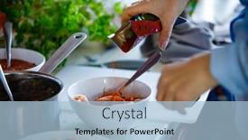  Presentation with nuggets - Audience pleasing PPT layouts consisting of woman-seasoning-chicken-breast-nuggets backdrop and a light blue colored foreground