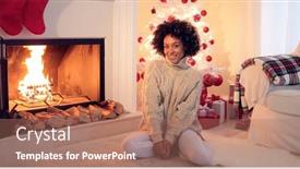  Presentation with christmas presents - Slide deck consisting of woman seated by white christmas tree and presents beside fireplace and row of firewood background and a coral colored foreground