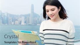  Presentation with seeking - Presentation theme having woman seeking the location of the landmark in hong kong background and a light blue colored foreground