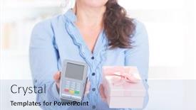  Presentation with terminal - Colorful presentation design enhanced with woman-seller-gives-payment-terminal backdrop and a light blue colored foreground