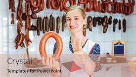  Presentation with taste - PPT theme consisting of woman-selling-sausages-giving background and a coral colored foreground