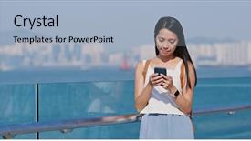  Presentation with sms - PPT layouts featuring woman send sms on cellphone background and a light blue colored foreground