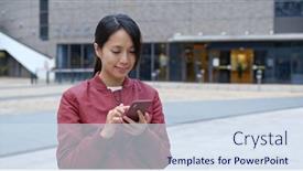  Presentation with sms - Presentation consisting of woman send sms on cellphone in city background and a sky blue colored foreground