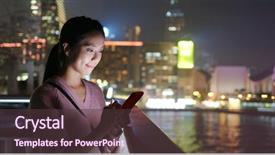  Presentation with hong kong - Amazing PPT theme having woman send sms on cellphone backdrop and a tawny brown colored foreground
