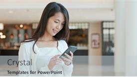  Presentation with sms - Slides having woman sending sms on cellphone in the park background and a light gray colored foreground