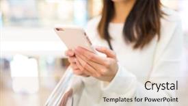  Presentation with sms - PPT layouts enhanced with woman sending sms on cellphone background and a soft green colored foreground