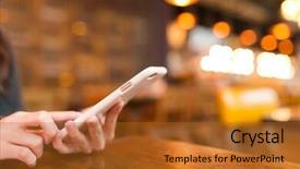  Presentation with sms - Cool new PPT theme with woman sending sms on cellphone in coffee shop backdrop and a gold colored foreground