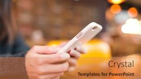  Presentation with sms - PPT theme having woman-sending-sms-on-cellphone background and a coral colored foreground