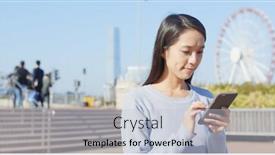  Presentation with sms - PPT layouts having woman-sending-sms-on-cellphone background and a lemonade colored foreground